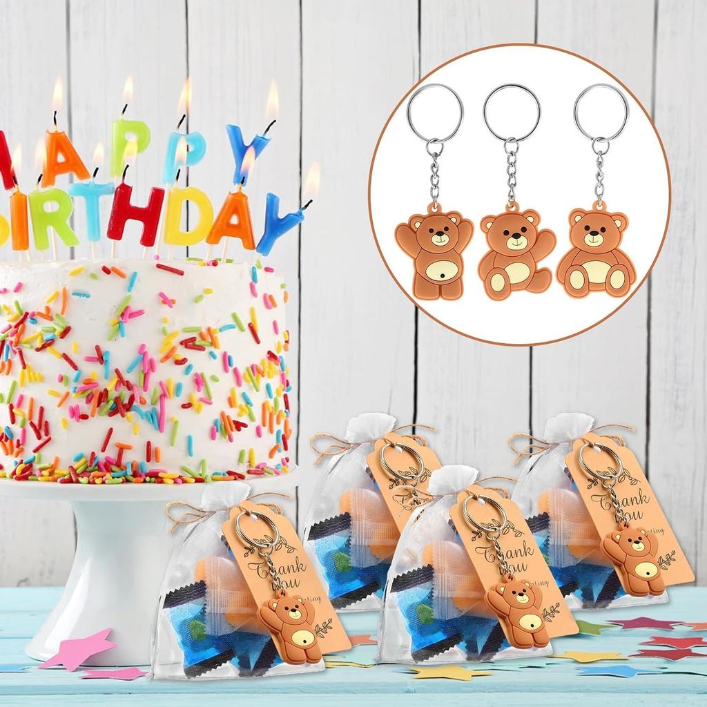 120 Pcs Bear Baby Shower Favor Bear Party Favor Cute Keychain with Organza Bag, Thank You Paper Tag and Rope for Guest Girl Boy Birthday Party Supply