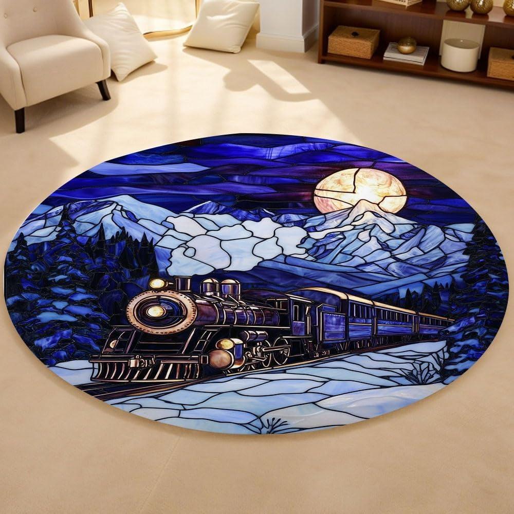 

Winter Snow Steam Train Round Rug Coloured Glass Design Home Decor Floormat Non-slip Absorbent Carpet for Kitchen Living Room 40x40cm