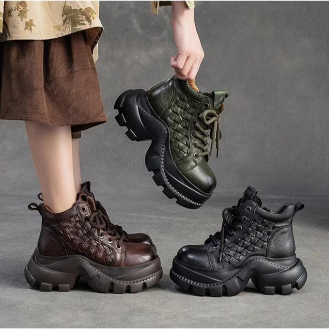 Johnature Retro Genuine Leather Thick Soled Short Boots Comfortable Side Zipper Women's Platform Shoes