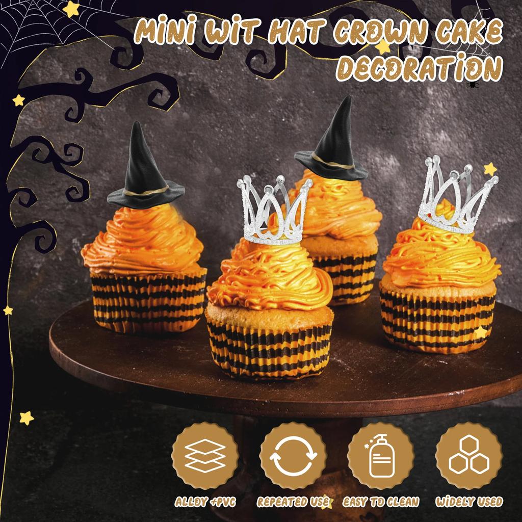 24Pcs Witch Hat and Crown Cake Topper for Kids Birthday Baby Shower Party Decorations Silver Crown Decor Princess Cake Accessory