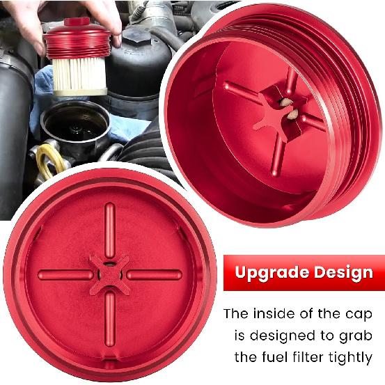 Fuel Filter Cap For Ford 6.0L Powerstroke Diesel 2003-2007 F250 F350 F450 F550 F650 F750 Excursion E150 E250 E350 E450 Billet Aluminum (Red)
