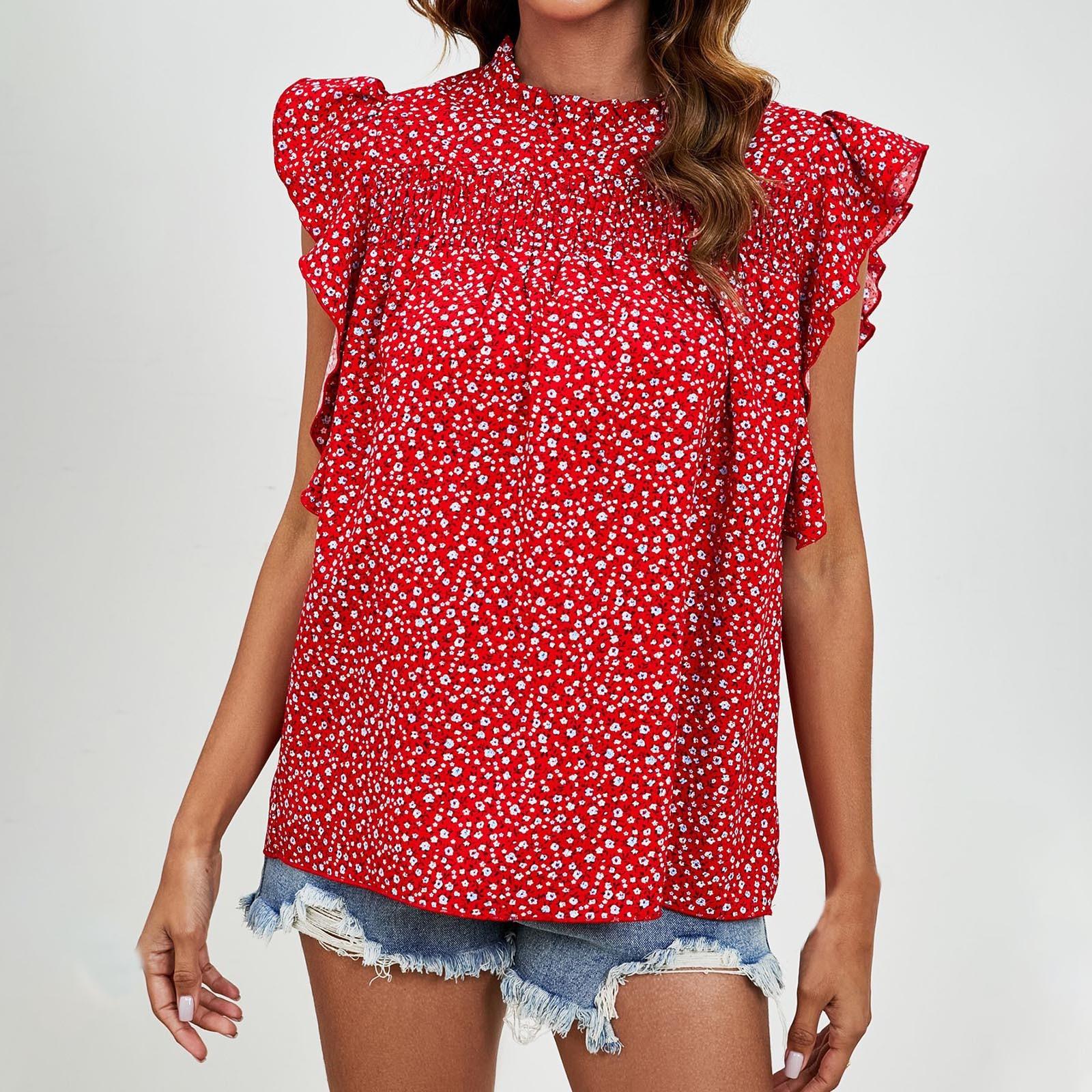 

Безрукавный топ с оборчатым воротником и принтом, свободная повседневная футболка XL красный