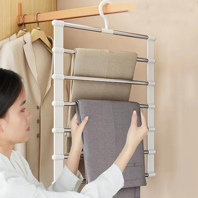 Foldable Stainless Steel Pants Hanger, Multifunctional Trouser Rack with Hooks for Closet Storage, Belt & Scarf Organizer