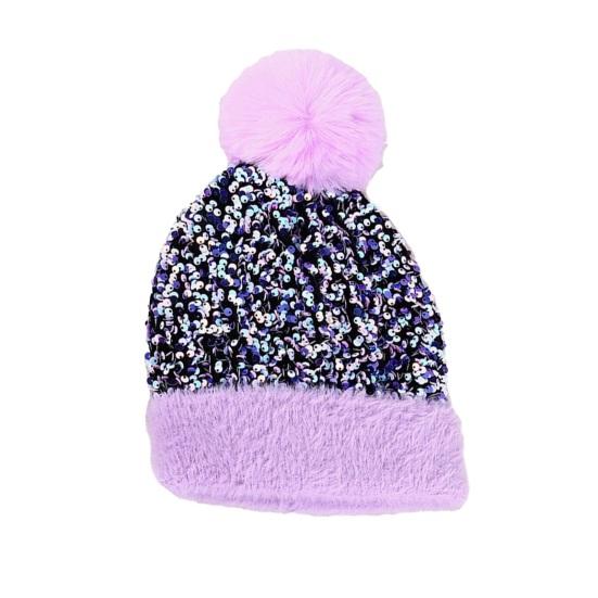 Women Knitting Hat Plush Ball Decor Shiny Sequins Decor Brimless Hat Winter Warm Furry Bucket Hat Headwear