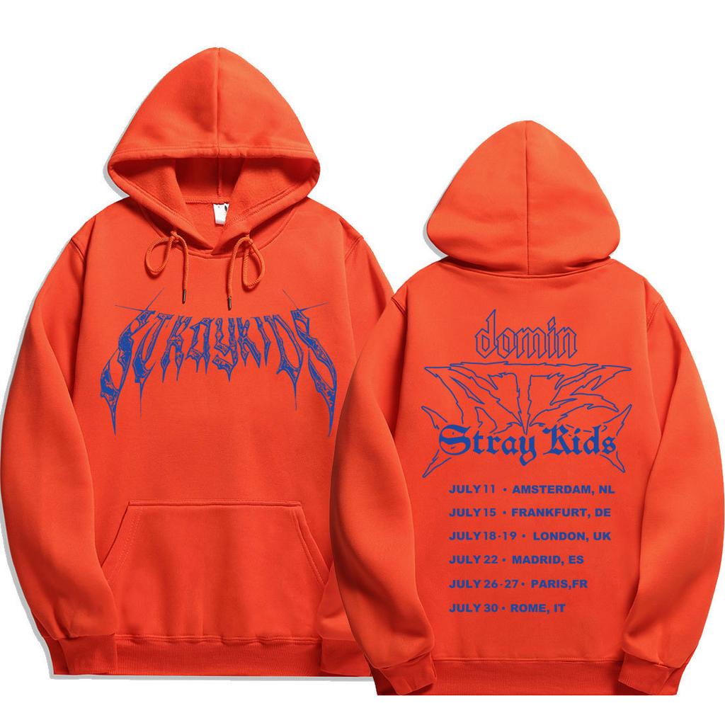 Stray Kids dominATE Europe Tour Blue Death Hoodie, Front Gothic Stray Kids Lettering Wing Graphic Full European Date List Oversized K‑Pop Fan Pullover