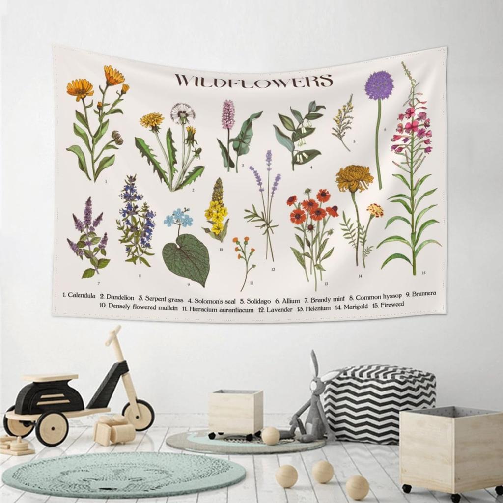 Wildflowers Vertical Wall Hanging, Illustrative Reference Chart Tapestry With Word, Beige White Vintage Tarot Flag Straight