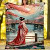 Japanese Kimono Sakura Fleece Blanket, Geisha Throw