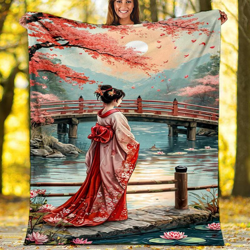 

Японский кимоно с сакурой, флисовое одеяло, плед с гейшей 80cm x 120cm