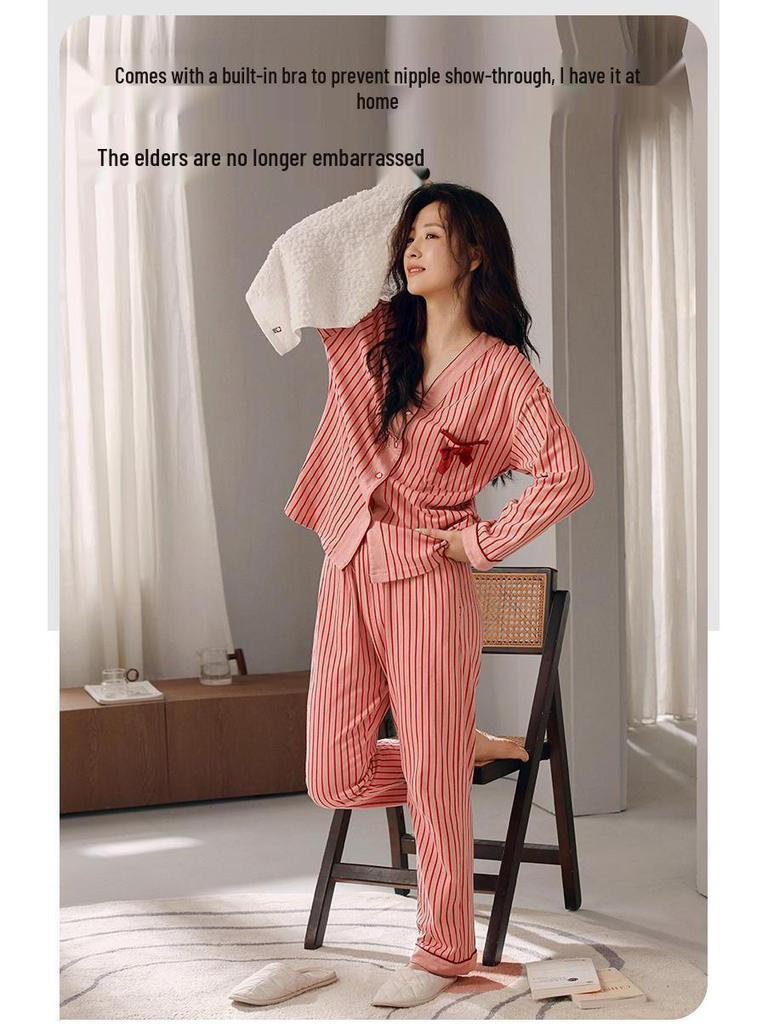 Women's Plus Size Striped Pajama Set with Chest Pads - Long Sleeve & Pants, Korean Style Cardigan for Indoor & Outdoor Wear, Spring/Autumn