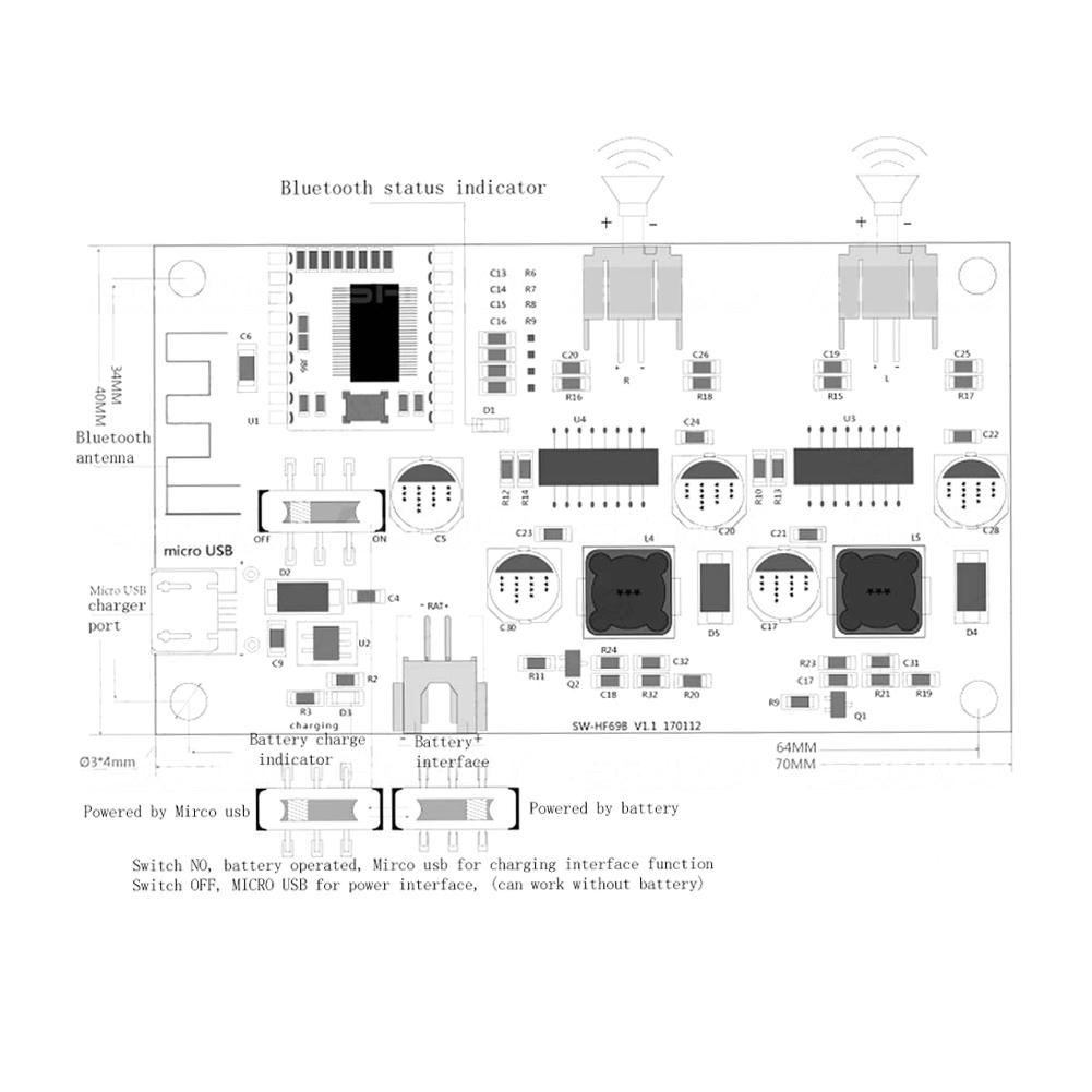 2x6W Bluetooth Leistungsverstärkerplatine 5V/3.7V Lithium-Batterie mit Management HF69B