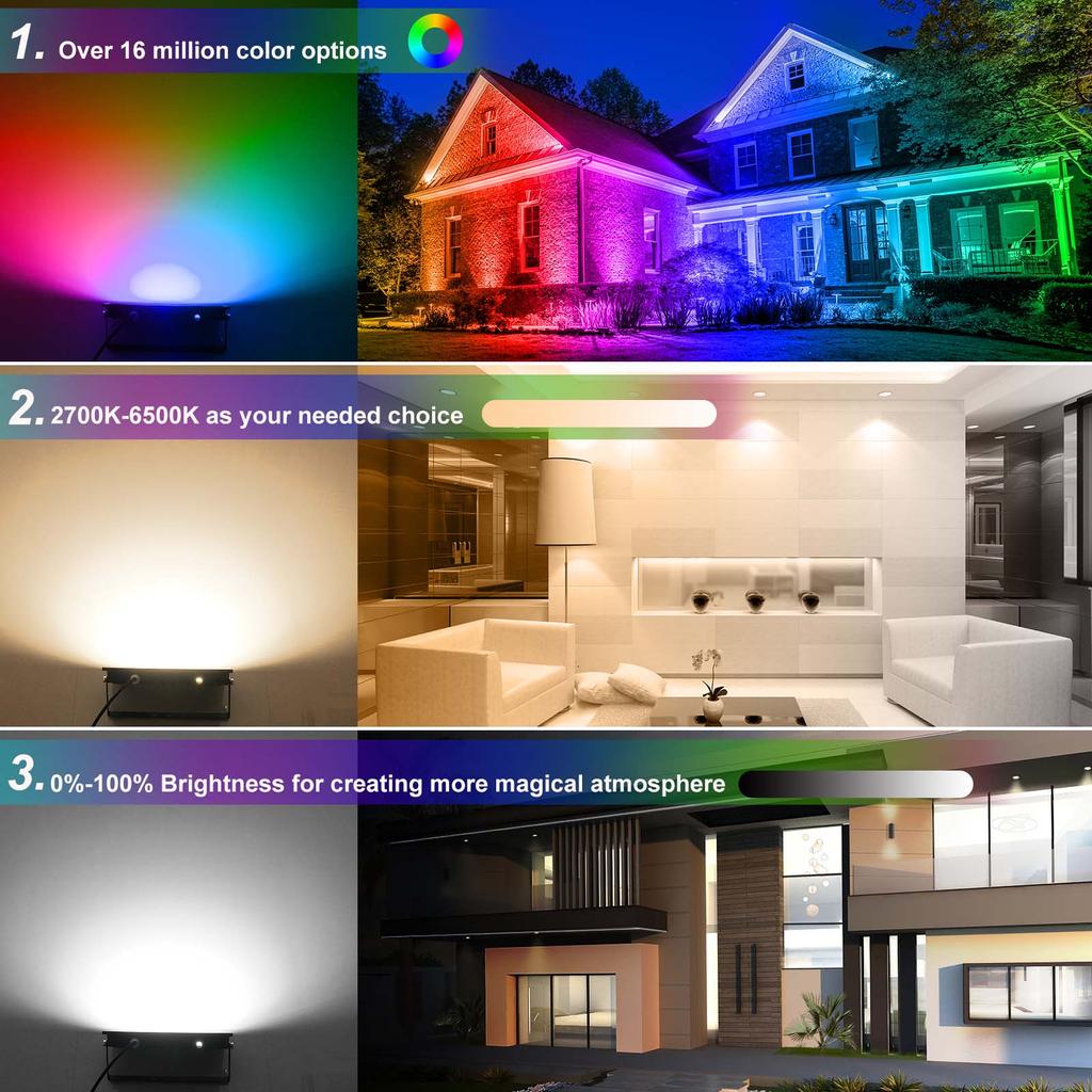 T-sunrise 100W RGB Smart Floodlight Outdoor Spotlight IP66 Remote Control Warm Cool Lighting WIFI Control for Alexa EU UK Plug