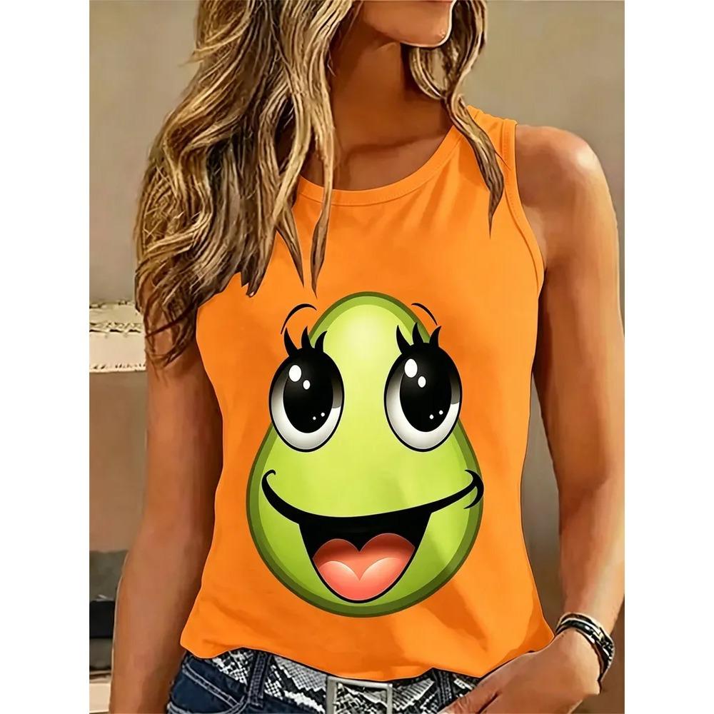 Women's Round Neck Fun Print Sleeveless Vest Summer Fashionable Comfortable Loose  Versatile Sports Leisure Vest