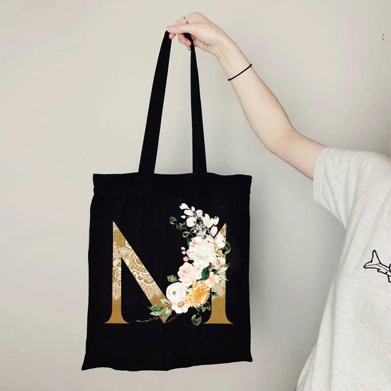 Gold Letter Flower Canvas Bag Women's Shopping Bag Reusable Large Capacity Portable Handbag Harajuku Student Shoulder Bag