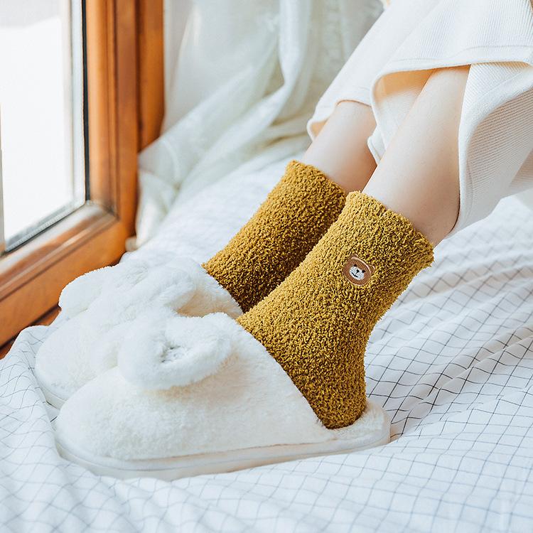 1pair Coral Fleece Sleeping Socks Home Socks Women's Mid-tube Autumn and Winter Embroidery Bear Cute Plus Velvet Thick Warm Long Tube