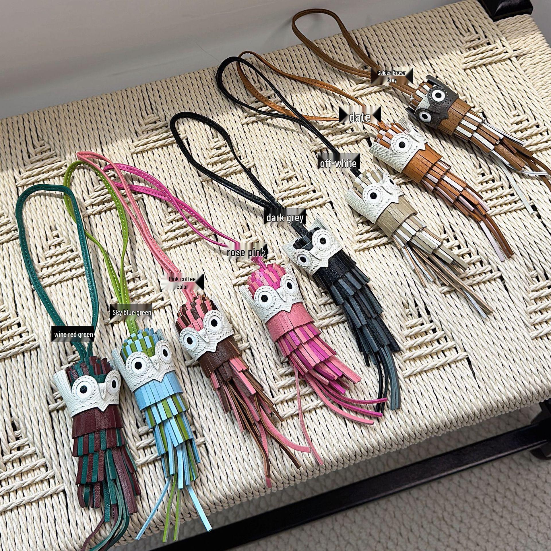 

Owl Tassel Lanyard: Genuine Leather Hand-Stitched Bag Charm Pendant with Cute Accessories. Black-Gray