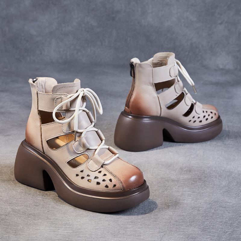 First Layer Cowhide Cool Boots Women's Summer 2025 New Retro Hollow Platform Sandals Women's Roman Net Boots Women's Boots