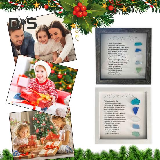 Sea Glass Picture Frame Wooden Photo Frame with Colorful Sea Glass Frame Sea Glass Poem Framed Artwork Ornament for Home Decor