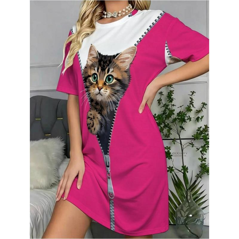 Plus Size, Women's Plus Size Crinkle Loose Fit Crew Neck Straight Cut Printed Dress, Comfortable and