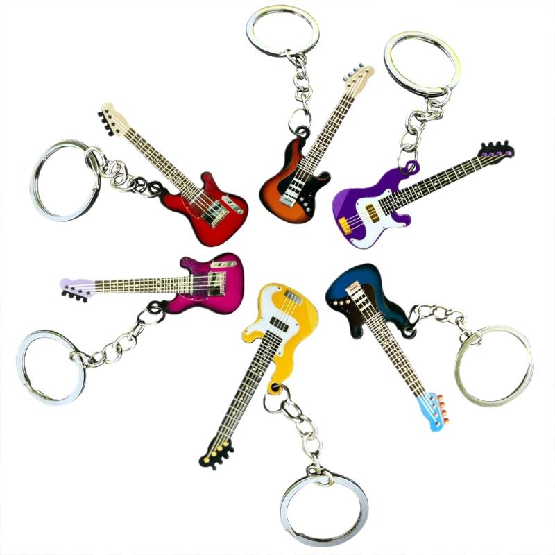 Metal Color Stainless Steel Guitar Car Keychain Small Fresh Novel Round Buckle Accessories Student Bag Pendant Decor