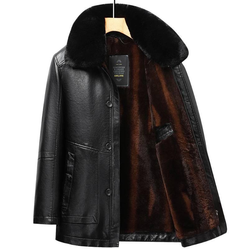Woodpecker Men's Warm Leather Jacket for Dad and Grandpa - Plus Velvet Winter Coat