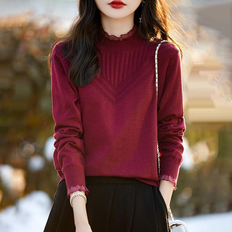 Spring and Autumn Women's Lace Collar Solid Color Loose Pullover Sweater Bottom Shirt