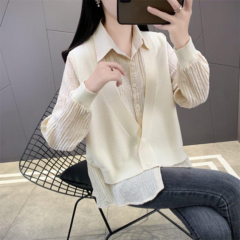 

Women s Fake Two-Piece Long-Sleeve Knit Top - Spring/Autumn 2025 Trendy European Layered Shirt One Size