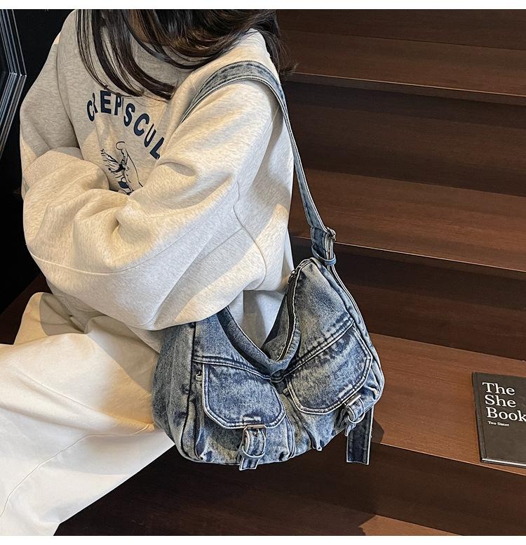 Women's Designer Denim Bag - Retro Multi-Pocket Crossbody Shoulder Bag with Unique Style, Fashiable Denim Handbag for Women