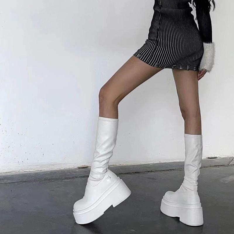 Boots Women's Spring and Summer New Round Head Thick Bottom Elastic Skinny Millennium Spice Girls High Boots