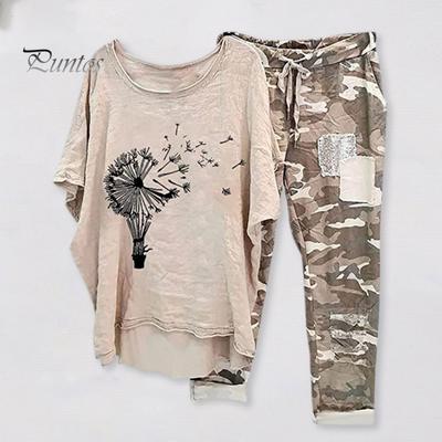 2 Teile/satz Frauen Top Hosen Set Rundhals Blume Camouflage Print Unregelmäßiger Saum Kurze Ärmel Lose Kordelzug Elastische Taille Dame T-shirt Hosen Set
