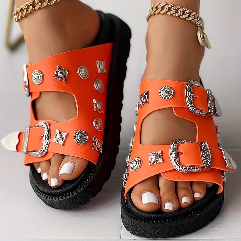 Women's Solid Color Platform Sandals, Double Buckle Design Straps Slip On Thick Bottom Slides Shoes, Summer Comfy Footwear