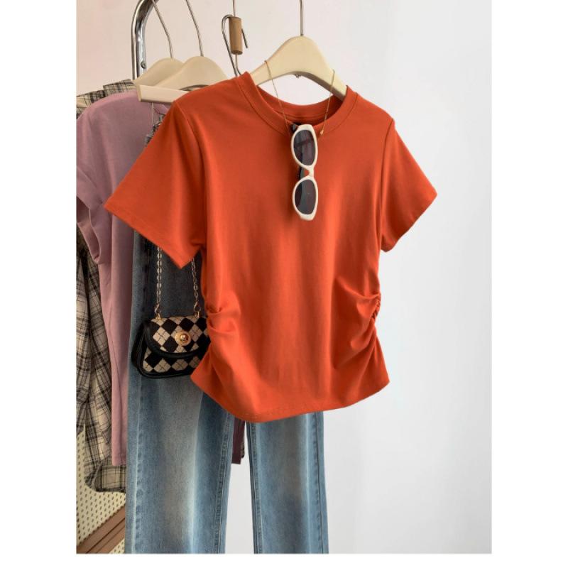 High Quality Orange Front Shoulder Waist Slim Sleeve Short Sleeve T-Shirt Women s Summer Top S