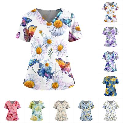 Women's Floral Print V-neck Double Pocket Short-sleeved Uniform/caregiver Top with Slits At the Hem