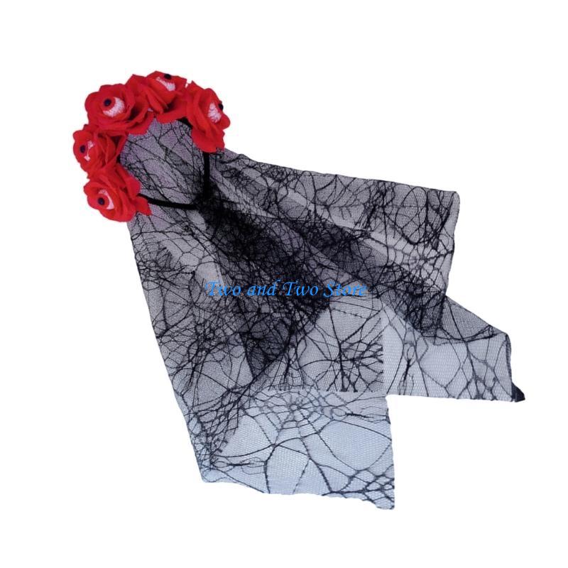 HX6F Gothic Witch Rose Hair Hoop Halloween Decorative Veil Role Play Costume Proms Party Live Show Headwear