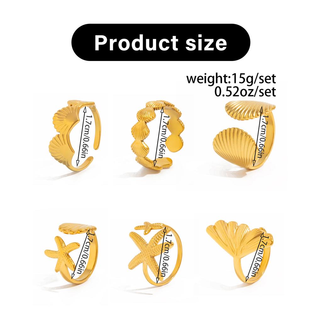 6 Pieces Shell Starfish Adjustable Rings Set Ocean Vacation Jewelry Gift for Her Trendy Stackable Rings for Daily Wear