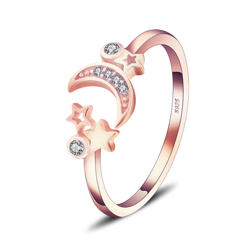 

CLUCI Adjustable Women Silver 925 Ring Jewelry SImple Fashion Star and Moon Open Rings DR2001SB resizable рожевий колір золота