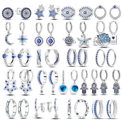 Shining Blue Zircon Owl Earrings 925 Silver Evil Eyes Earrings for Women Wedding Engagement Planet Moon Star Zirconia Jewelry