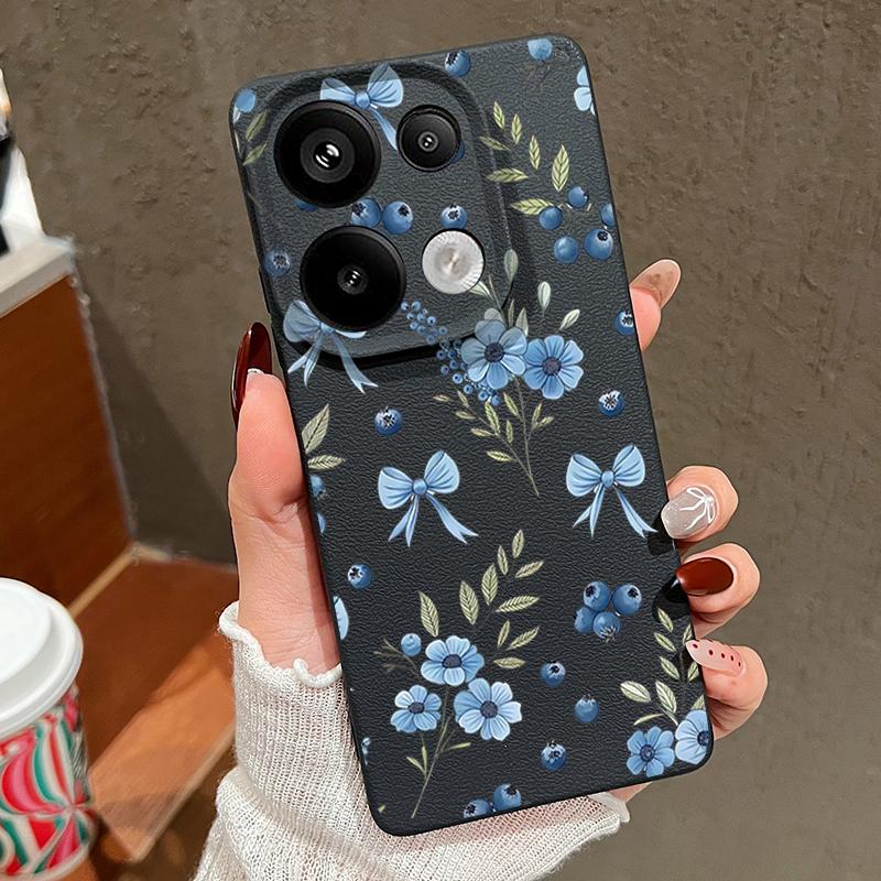 Blaubeere Schleifen Blumenmuster Hülle Für Xiaomi 14T 13T 11T Pro Funda Redmi Note 14 13 12 11 Pro 5G 4G Lederstruktur Silikonhülle