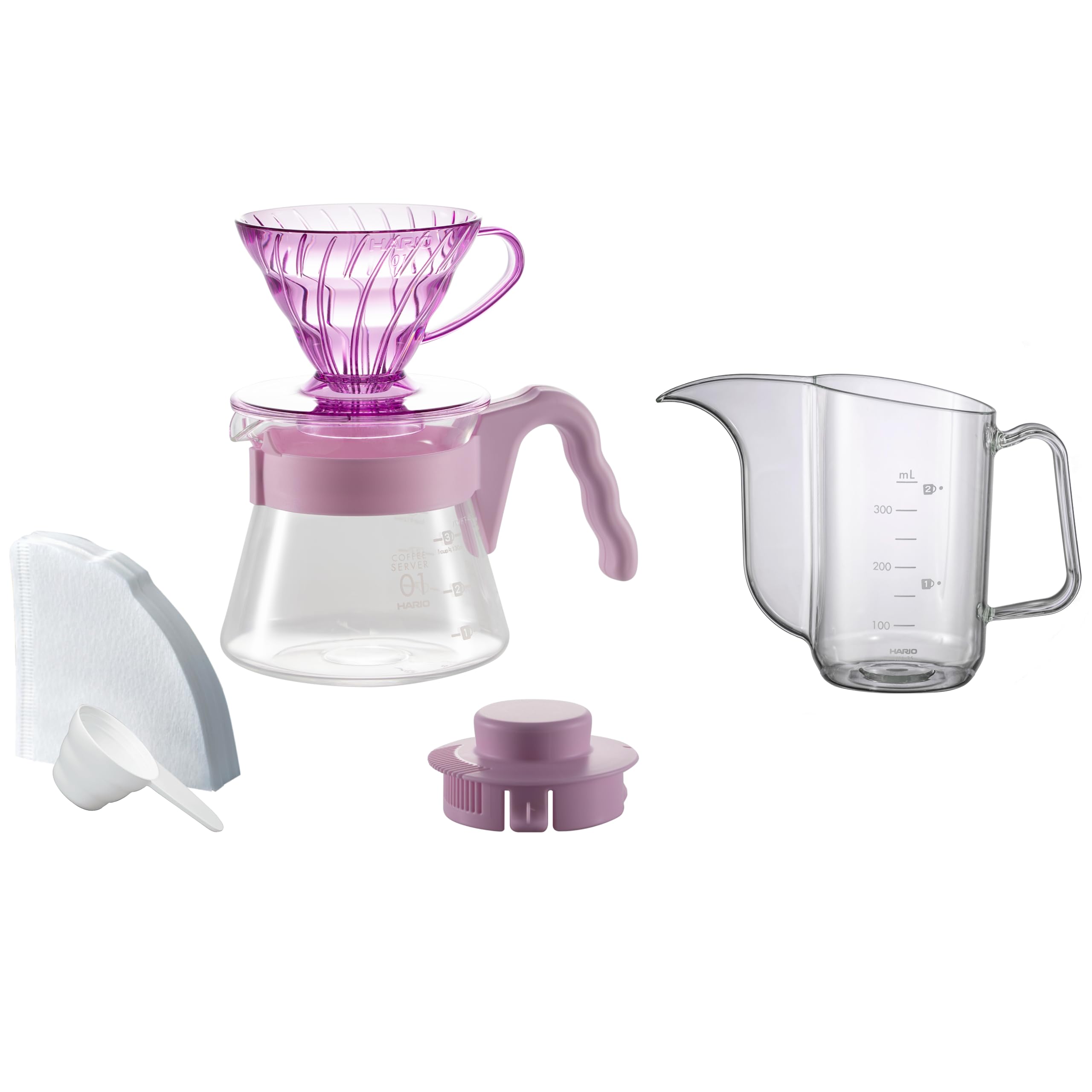 

HARIO V60 Color Brew with Kettle Hand Drip Set with Glass Measuring 40 Paper Recipe and Kettle (1-2 cups) Heat-Resistant Server, Spoon, Sheets, Book,