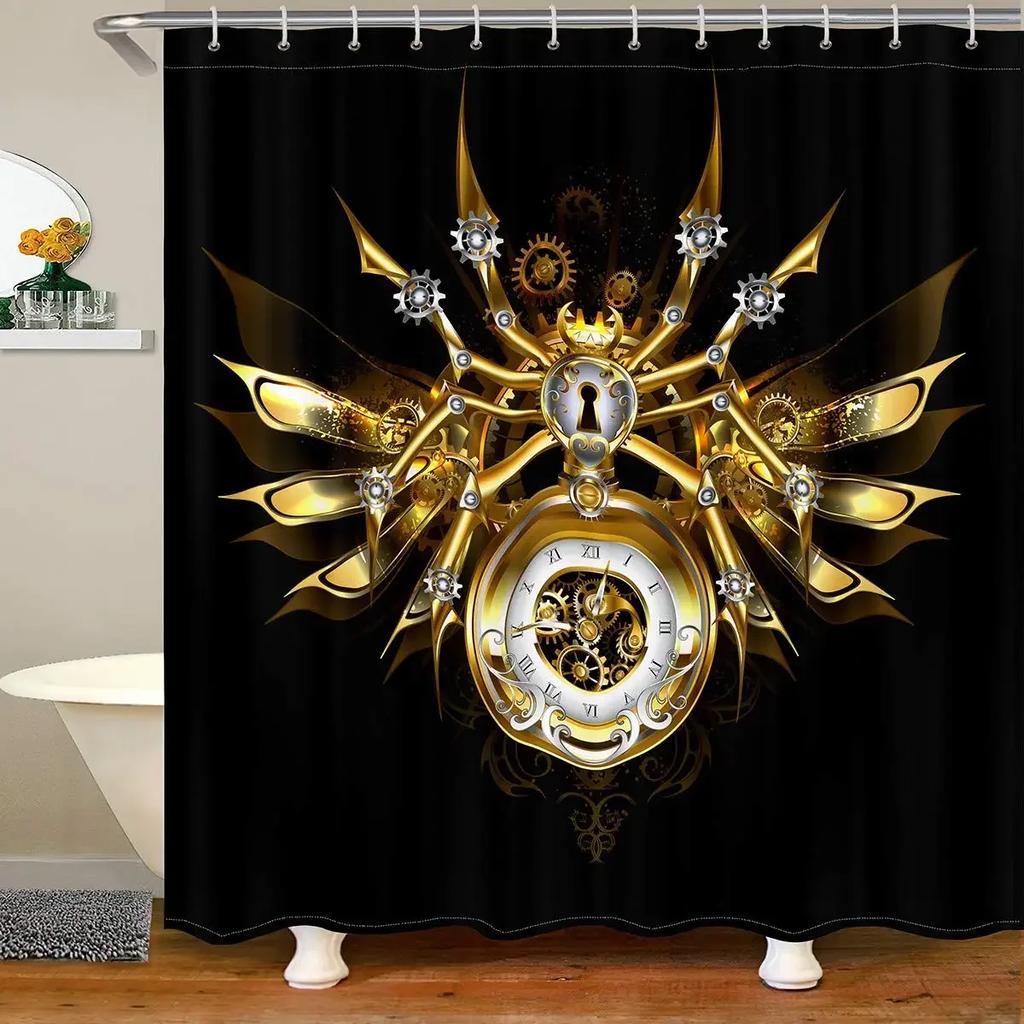 Retro Steampunk Clocks and Gears Shower Curtain Mechanical Clocks Details Over Old Metal Cloth Fabric Bathroom Curtain Set,hooks