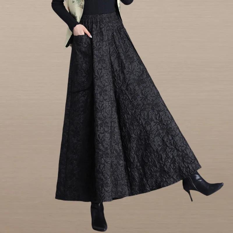 Nationaler Stil Schwimmende Jacquardhose mit weitem Bein für Damen im Herbst und Winter in Übergröße, schmale Culottes mit elastischer Taille und Regenschirm, lässige Stiefelhose