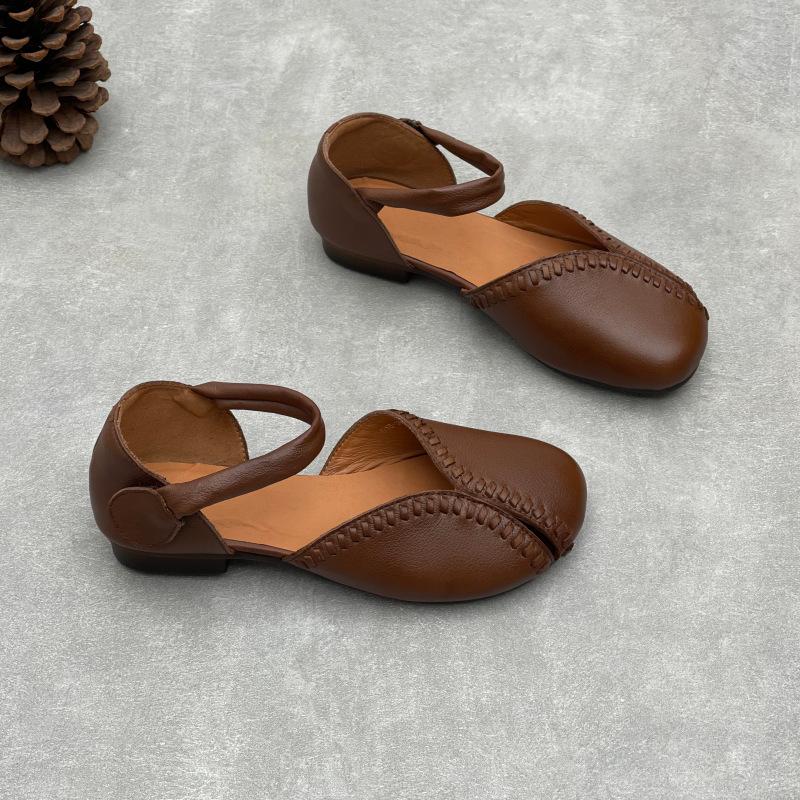 Johnature Retro Handmade Genuine Leather Sandals Hollow-out Soft Sole Round Toe Women's Shoes