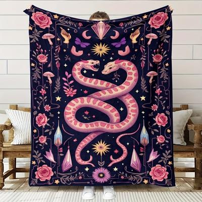 Bohemian Snake-patterned Rose Design Flannel Printed Blanket Suitable for All Seasons Suitable for Living Office Sofa and Travel