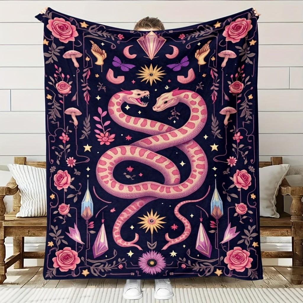 

Bohemian snakepatterned rose design Flannel printed blanket suitable for all seasons suitable for living office sofa and travel 75x100cm (30x40inch)