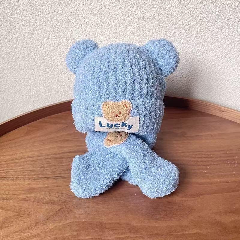 Baby Mütze Herbst und Winter Niedlicher Bär Baby Plüsch Ohrenmütze Schal Set Warm Jungen und Mädchen Pullover Mütze