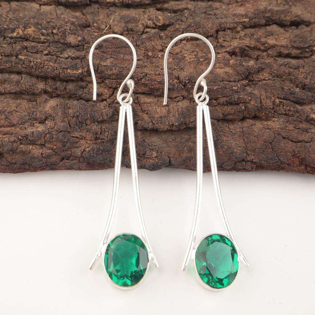 Green Emerald Stone Boho Dangle Engagement Gift Earrings Jewelry Sterling Silver EE-136-9