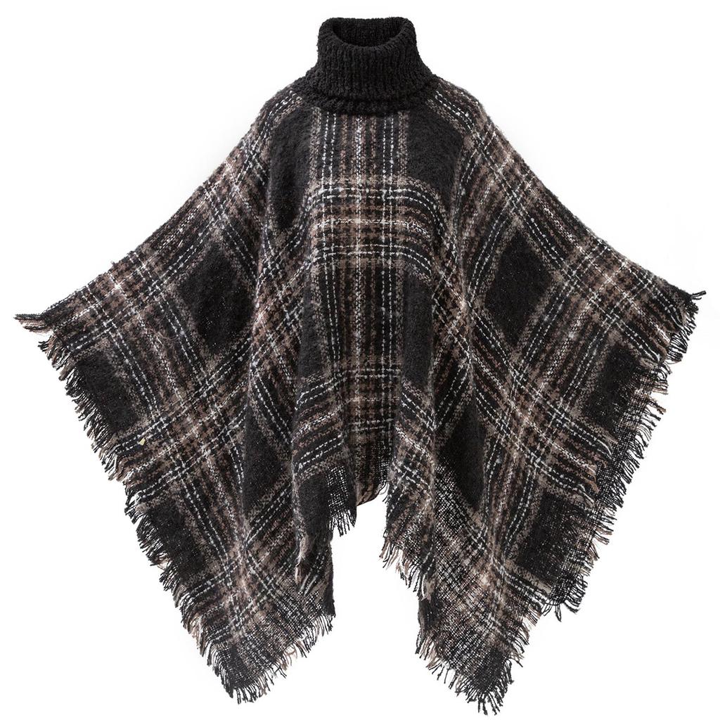 Plaid Tassel Pullover Shawl with High Collar - Plus Size, Autumn/Winter Collection
