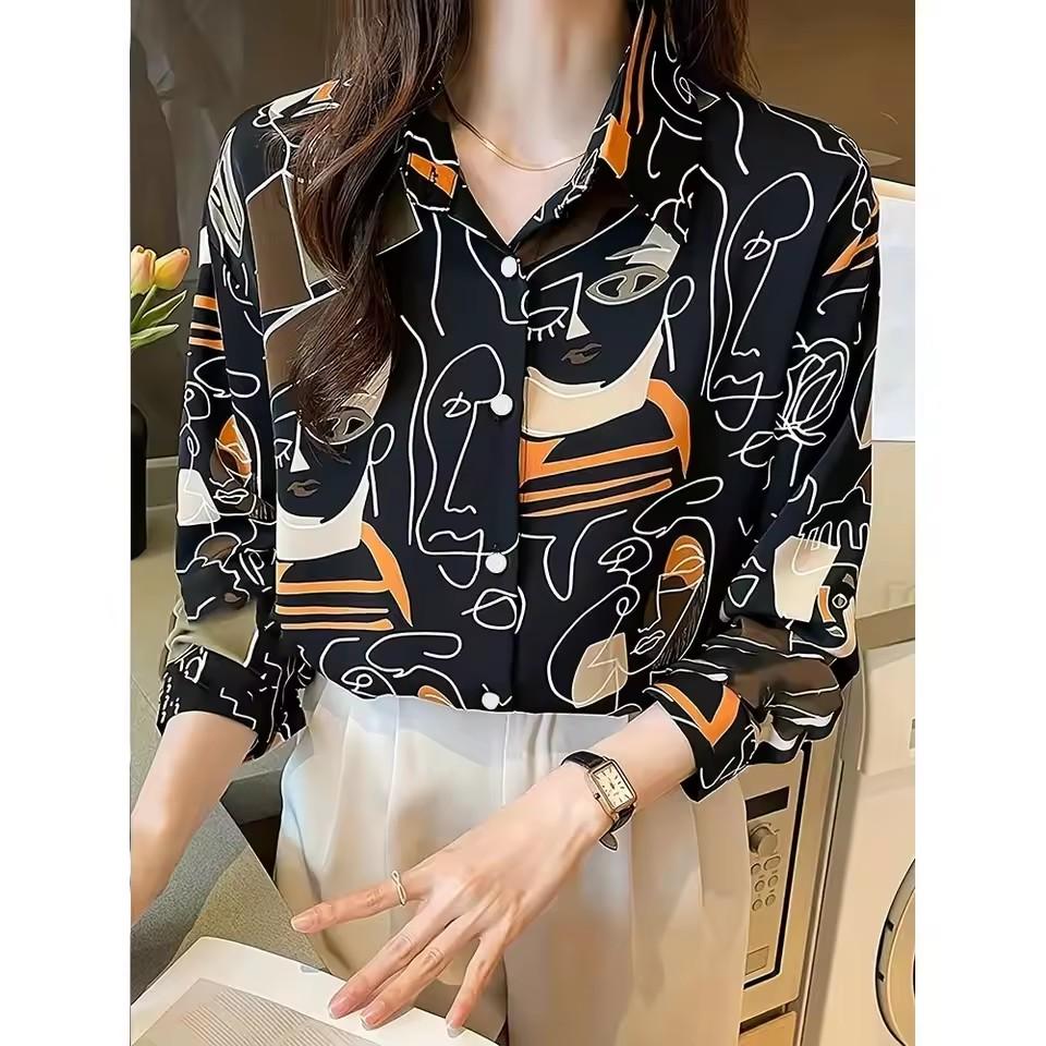 Women's Geometric Color Block Vintage Shirt, Sleeve Collar Tops, Daily Holiday Wear Red Orange for Spring Summer
