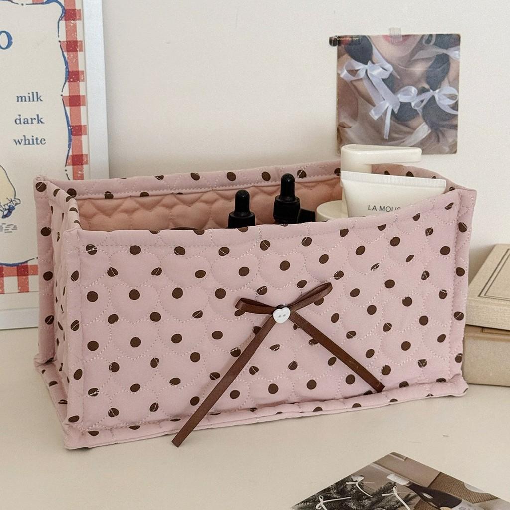 Large Polka Dot Quilted Rectangular Storage Basket With Nylon Material For Home Organization