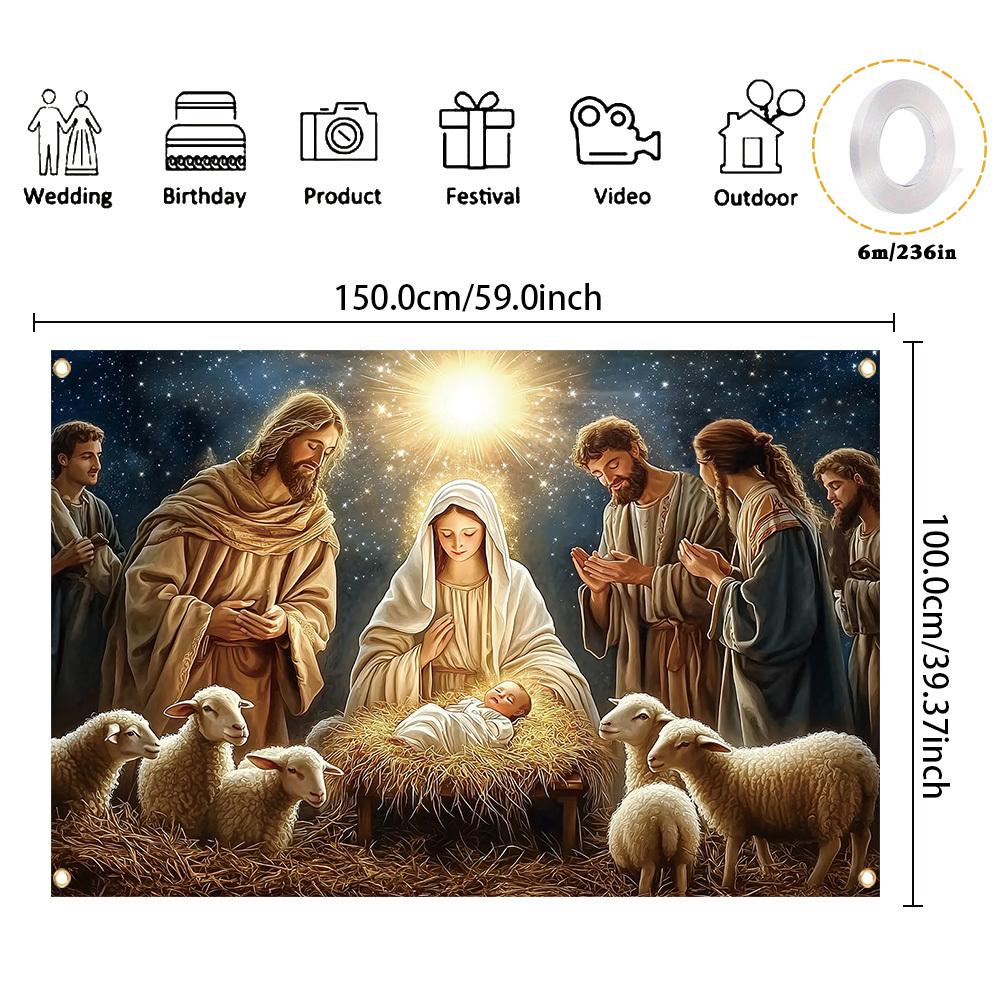 2D Flat Banner 1 Piece Christmas-themed Background Fabric Nativity Sheep Pattern Party Banner Polyester