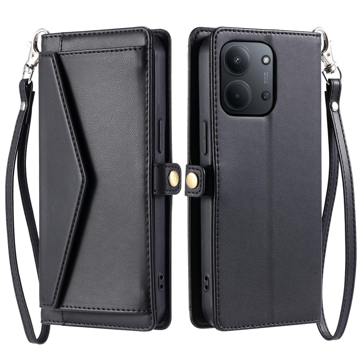 

Для Xiaomi Redmi 15C 4G (Європа) (173 мм) Шкіряний чохол з ремінцем на зап ястя, гаманцем, підставкою, чохол для телефону Black